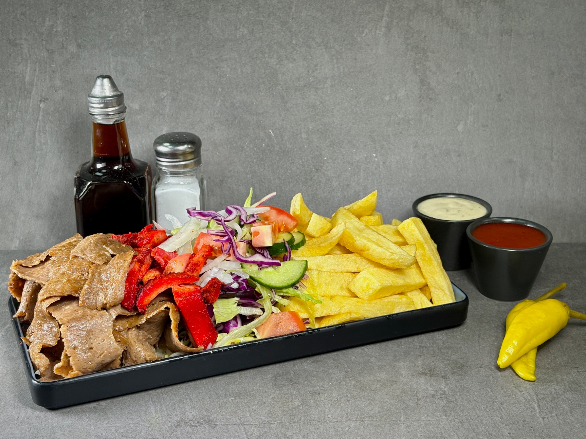 Trident lamb doner with chips, salad and dips